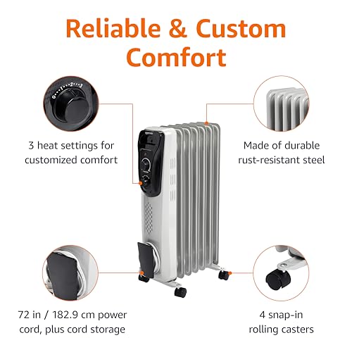 Amazon Basics Portable Oil Radiator Heater, Indoor Use, 3 Heat