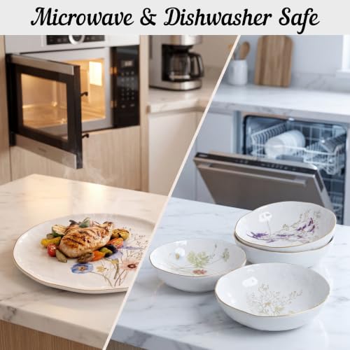 Floral White 12-Piece Porcelain Dinnerware Set for 4 - Elegant Plates & Bowls with Gold Rims