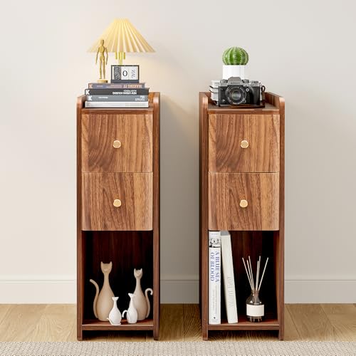 Narrow Nightstand Set of 2 - Walnut Wooden Small 2 Drawer End Tables - Mid Century Modern Slim Bedside Storage Variation of THIS listing