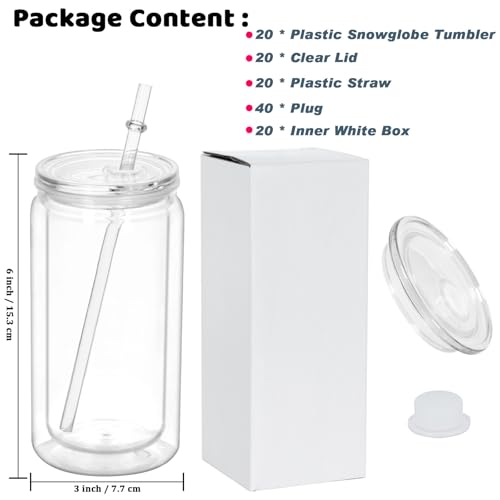 16 Oz Acrylic Snowglobe Tumbler, 20 Pack Pre-Drilled Double Wall