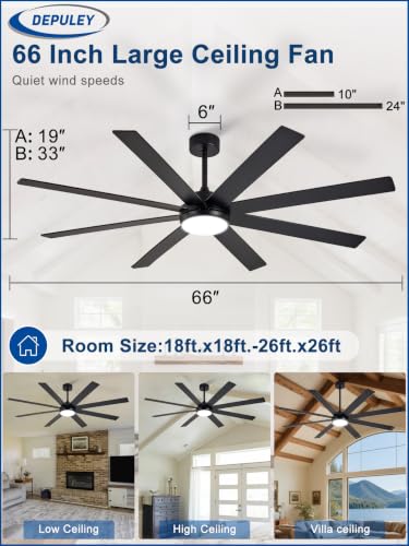 Black 66-Inch Ceiling Fan with Lights Remote Control Dimmable Reversible Motor
