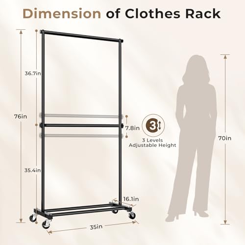 Black Double Rod Clothes Rack - 35-Inch Portable Garment Rack with Wheels