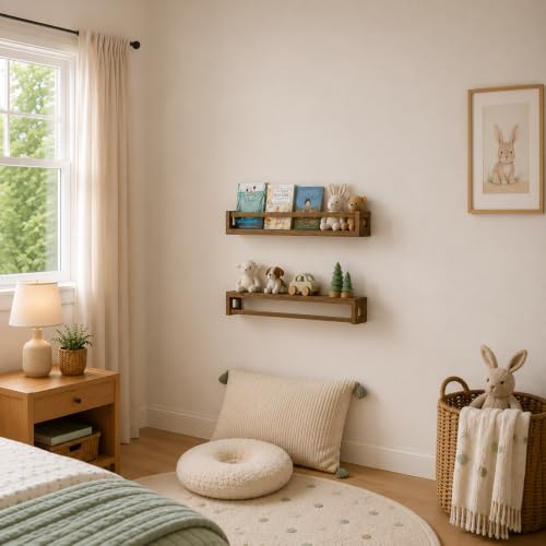 Nursery Wall Book Shelves - Solid Wood Floating Shelves in Walnut Brown, 23.6 Inch - Set of 3
