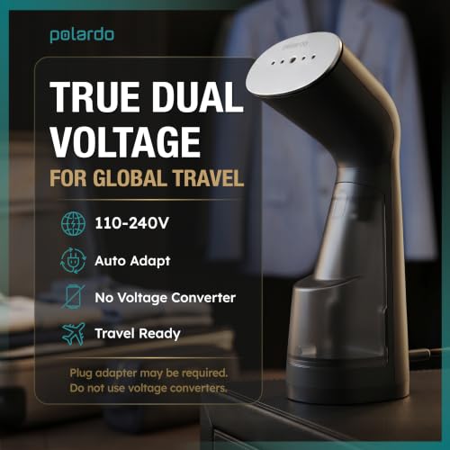 Polardo Black Travel Garment Steamer - Dual Voltage Handheld Mini Clothes Steamer for Travel & Home