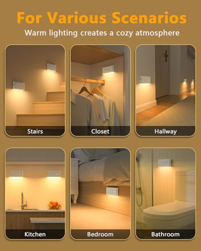 Rechargeable Night Light with Motion Sensor - Warm White Indoor Stair & Cabinet Light 8 Pack