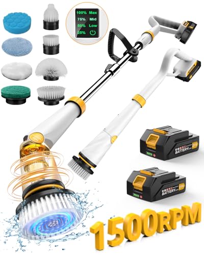 Electric Spin Scrubber with 50-Inch Handle and Smart Display - White, 1500RPM