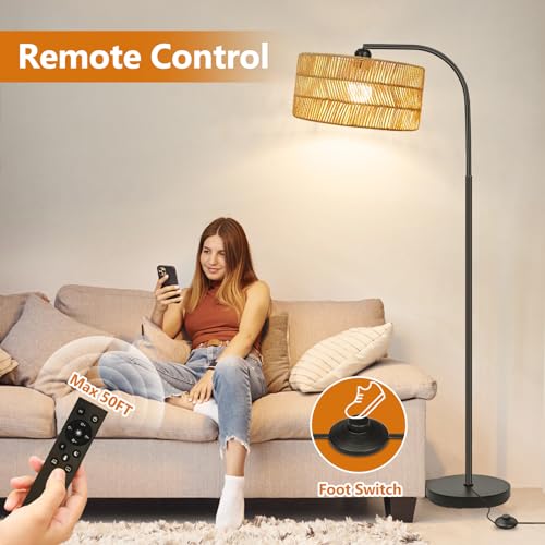Brilvibera Rattan Floor Lamp- Boho Floor Lamp for Living Room, Rattan Standing Lamps with Dimmable Bulb, Adjustable Rattan Lamp Shades Bohemian Over Couch Lamps for Bedroom, Office