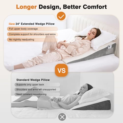 Vekkia 34-Inch Extra-Long Wedge Pillow for Sleeping, Support & Reflux Relief, White