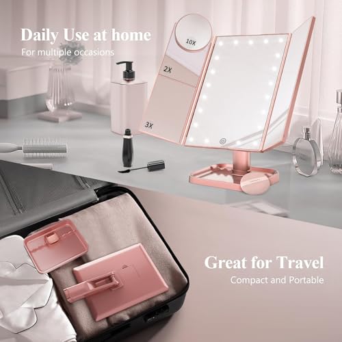 HUONUL Lighted Vanity Mirror with Magnification - Rose Gold, 2X/3X/10X, Trifold Makeup Mirror
