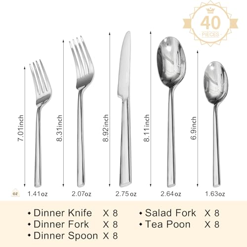 KINGSTONE Silver 40-Piece Stainless Steel Flatware Set for 8 - Elegant Cutlery