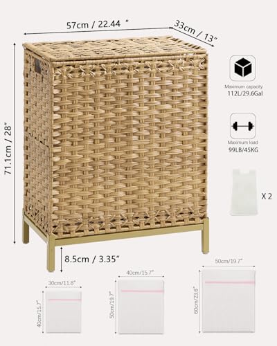 Large 112L Natural Rattan Laundry Hamper with Lid & Removable Liners - Foldable & Mesh Bags Included