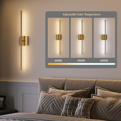 Electroplated Gold Battery Operated Wall Sconce Set of 2 - 24 Inch with Remote - Modern, Dimmable, Adjustable Lighting