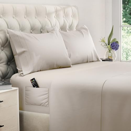 DREAMCARE King Size Deep Pocket Bed Sheets Set - Beige, Extra Soft Microfiber, 4 Piece, with Side Pocket, Model 15
