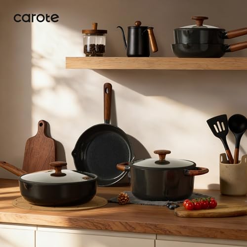 CAROTE 14Pcs Pots and Pans Set Non Stick, Cookware Sets Induction Cookware Granite Cooking Set with Frying Pans, Saucepans, Saute Pan, Extra Large Casserole