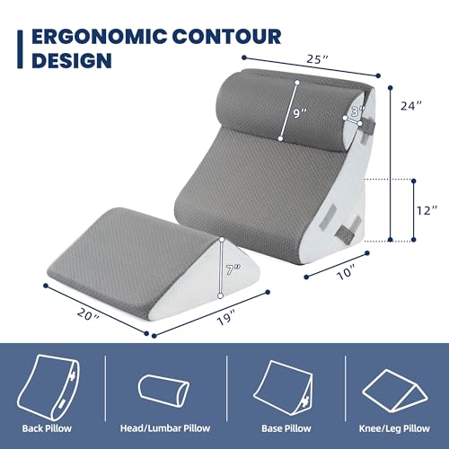 Grey 4-Piece Extra Wide Orthopedic Bed Wedge Pillow Set - 25 Inch Support Cushion