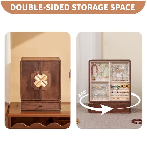 KAOTGOT 4 Leaf Clover Rotatable Drawer Wooden Jewelry Box for Women & Girls