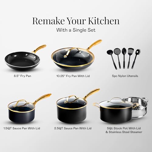 Gotham Steel 15-Piece Ceramic Nonstick Cookware Set with Steamer & Utensils