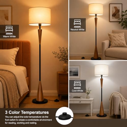 Wood Floor Lamp for Living Room - 61.5 Inch Retro Farmhouse Standing Lamp with 3-Color Temperature - Brown - Includes 9W Bulb & Foot Switch