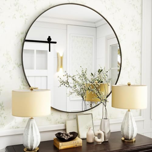 VooBang 30-Inch Black Round Bathroom Mirror with Thin Metal Frame Wall Mount