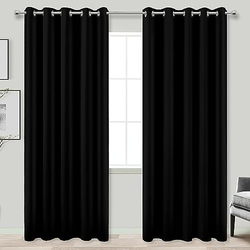 Blackout Curtains 72 Inch Extra Wide Pack of 2 - Dark Light Blocking Window Shades for Bedroom and Living Room, Black