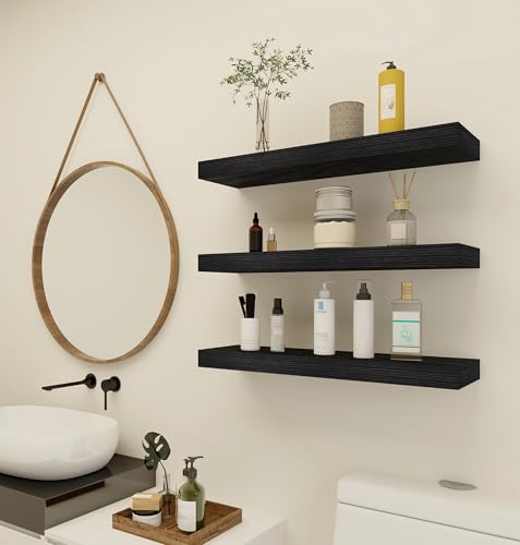 Black Rustic Floating Wall Shelves 24 Inch Set of 3 - Stylish & Stable Storage