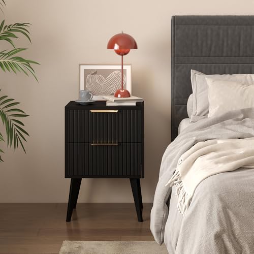 YAUKOMEL Fluted Nightstand with 2 Drawers - Black Bedside Table, Modern Design