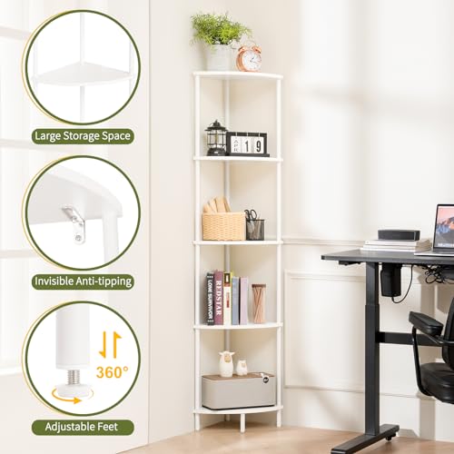 Yoobure White Corner Shelf Stand 5-Tier Tall Bookshelf for Bedroom & Living Room