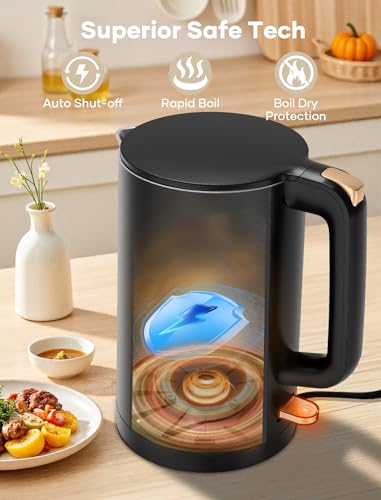 Yoochu Black Double Wall 1.7L Electric Kettle 1500W Safe Touch Water Boiler