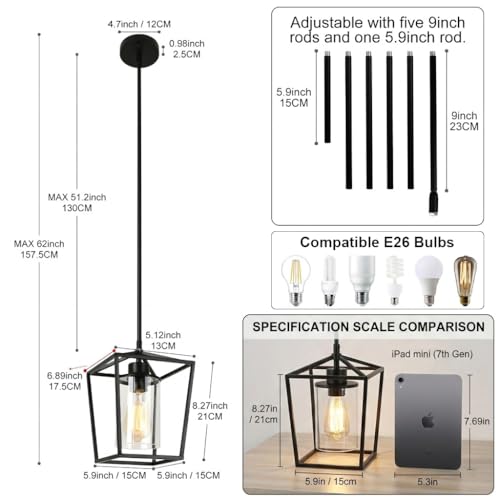 Black Farmhouse Pendant Lights 2 Pack for Kitchen Island with Glass Shades