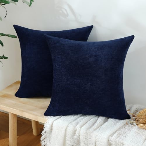 Jeneoo Navy Blue Chenille Throw Pillow Covers Set of 2 18x18 Inches - Soft Couch Cushion Cases for Living Room & Sofa Decor
