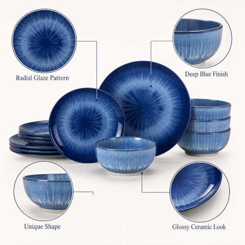 Ceramic Dinnerware Set for 4 - 12 Pieces Blue Service for Kitchen