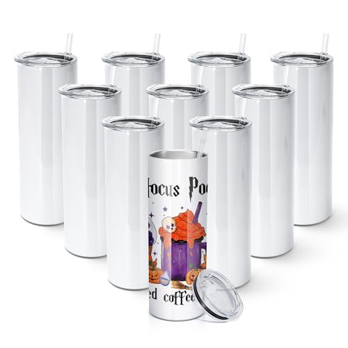 A-10P 10 Pack Sublimation Tumblers 20 OZ Straight Skinny Stainless Steel with Straw