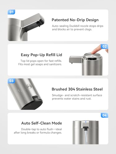 Sunly Silver Touchless Automatic Soap Dispenser - Clog-Free Pump, 0.2s Sensor, USB-C Rechargeable, Stainless Steel Kitchen & Bathroom