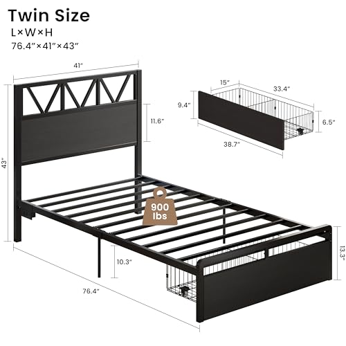 Twin Bed Frame with Storage Drawer Lights & Charging Station - Modern Design