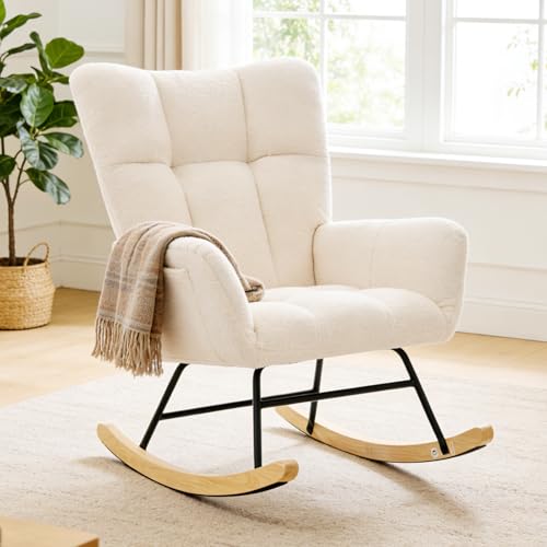 DUMOS Beige Nursery Rocking Chair with High Backrest & Padded Seat - Small Space Glider for Living Room & Bedroom, 1 Pack
