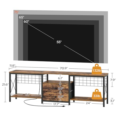 Rustic Brown TV Stand with Power Outlet & Cable Management - 70.9"