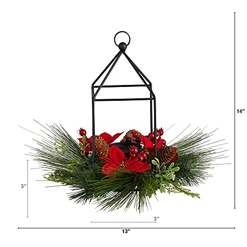 Nearly Natural 14in. Christmas Poinsettia & Berry Candle Holder Decor
