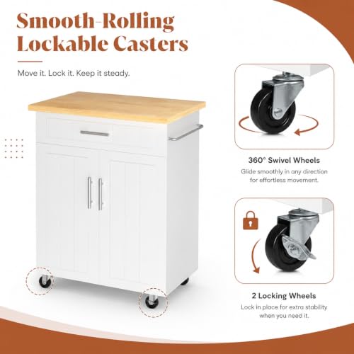 White 26-In Kitchen Island Cart with Lockable Casters & Adjustable Shelves