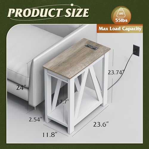 WLIVE Narrow Farmhouse End Table with Charging Station - Greige, Slim Design
