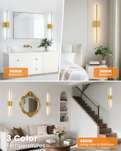 Wireless Battery Wall Sconces Set of 2 - 27.6 Inch Gold Dimmable 3000K-6500K with Remote