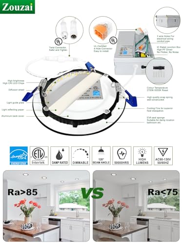 Zouzai 12 Pack 4 Inch Dimmable LED Recessed Lights with 5CCT Black Finish