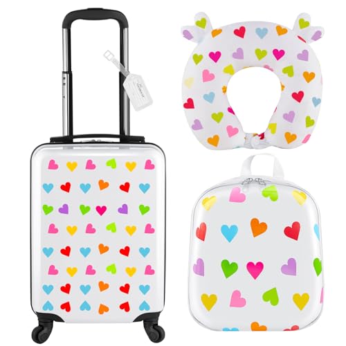 Sanwuta 4-Piece Kids Luggage Set with Heart Design, 17 Inch Hardside Suitcase & Backpack, Travel Accessories for Children