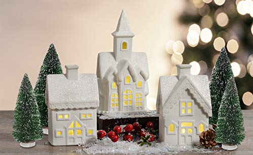 Mark Feldstein 7-Pc White Porcelain Christmas Village Figurines with LED Tea Lights