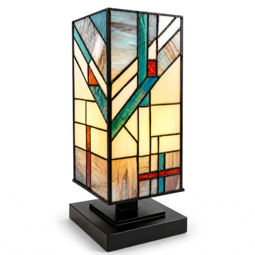 Small Tiffany Style Stained Glass Table Lamp - Handmade Blue-Cream-Turquoise, 15" High