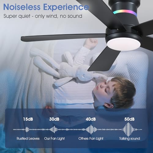 Black 46-Inch Ceiling Fan with RGB Lights - Flush Mount, Dimmable LED, Modern Low Profile