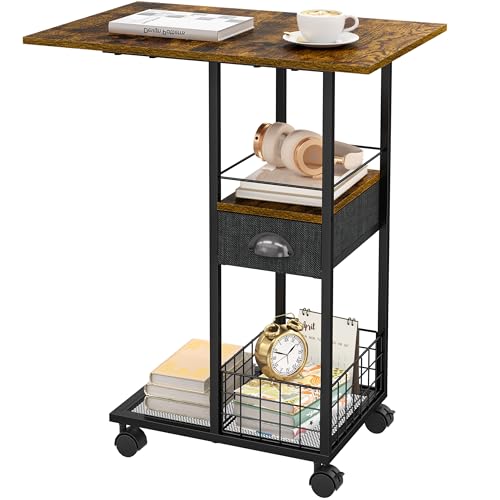 Black Large Rolling C-Shaped Side Table with Drawer & Wheels