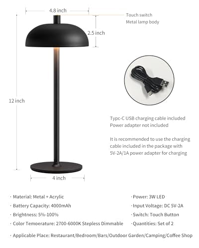 12" Cordless Table Lamps Set of 2, Black Modern Portable Desk Lamp