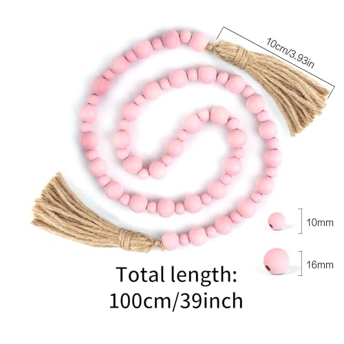 Valentine's Day Wood Bead Garland with Tassels, Farmhouse Rustic Decor Prayer Beads Boho Tassel Garland Decorative Beads for Home Decor (Pink)
