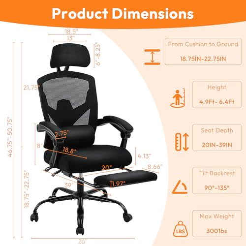 High-Back Mesh Office Desk Chair with Foot Rest - Classic Black