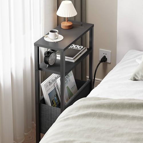 IRCPEN Black Narrow Side Table with Charging Station & Magazine Rack, 3-Tier Nightstand for Small Spaces